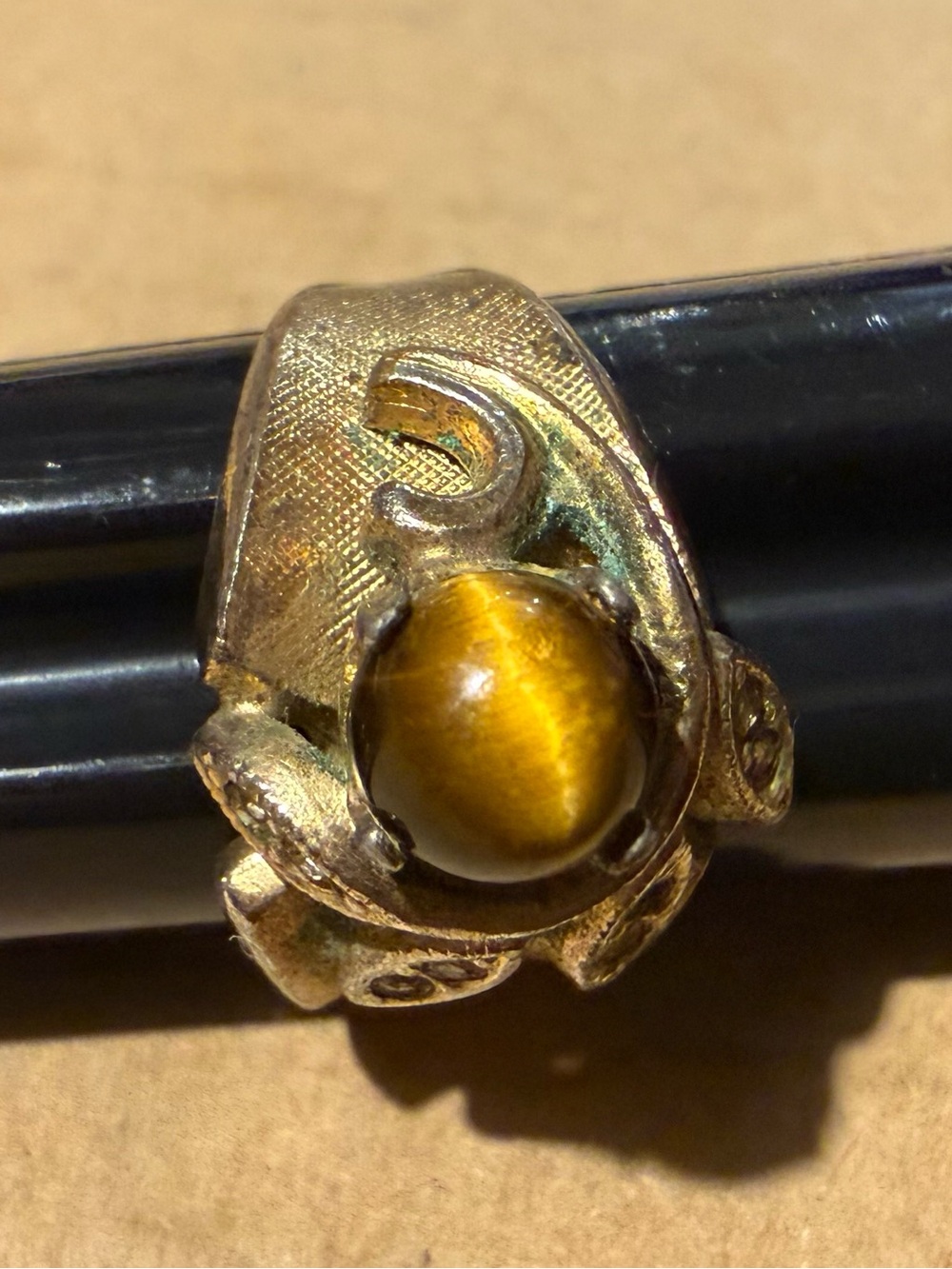 Vintage 18kt HGE Espo Gold-Tone Ring with Tiger's Eye Cabochon size 5